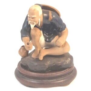 Chinese Shiwan Artistic Ceramic Mudman Seating Fisherman Glazed Figurine 4" Vtg